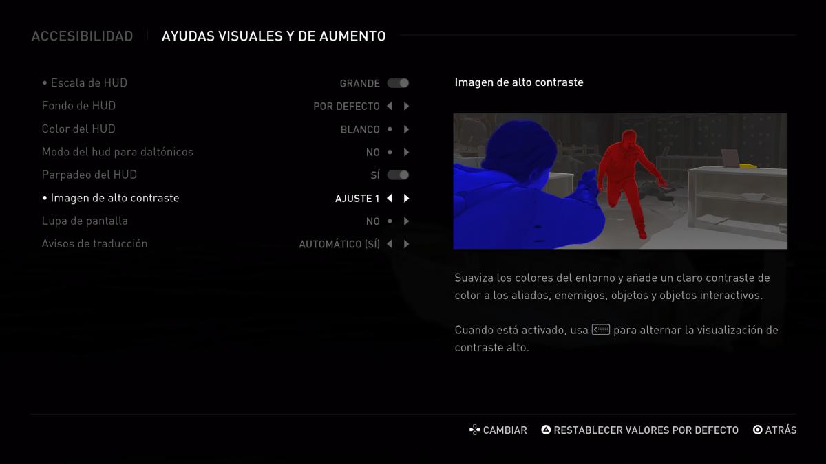 Opciones de accesibilidad y ayudas visuales y de zoom de The Last of Us Parte II