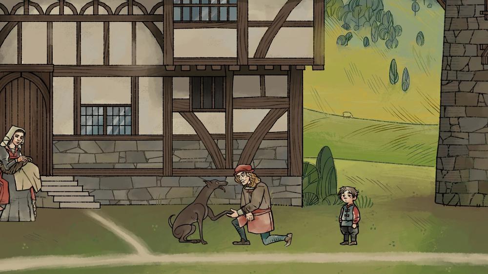 Captura de pantalla de Pentiment, donde se ve, en estética medieval, una escena campestre en una aldea
