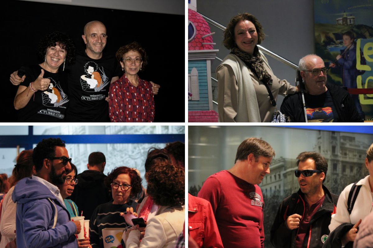Participantes del festival antes de entrar a la sala de cine y miembros de la organización des festival junto a Belén González, delegada de la ONCE en La Rioja